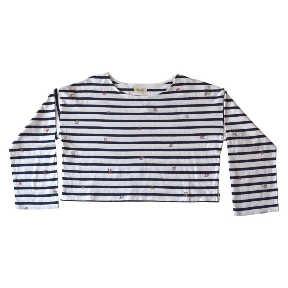 Madewell Striped Cropped Tee XL with Embroidered Flowers | Navy White Cotton Top